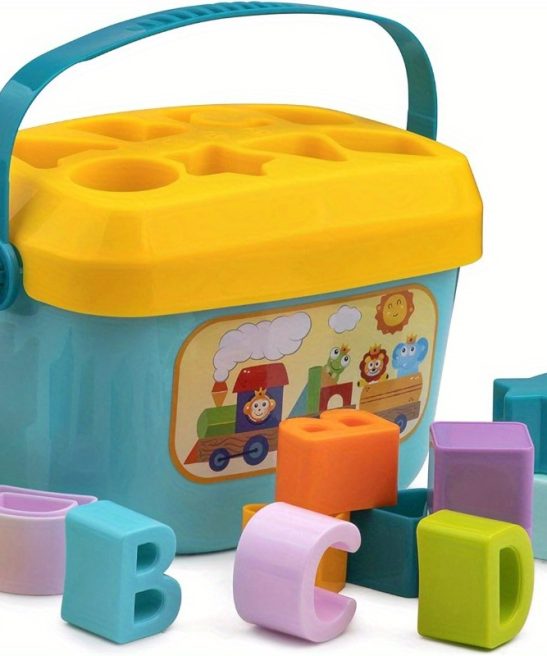 Colorful Letters And Shapes Sorter Toy for Kids – Durable ABS, Enhances Focus, Shape Recognition, And Motor Skills, with Teal Handle Storage Box, Ideal for Boys And Girls Aged 12 Months And Up, Perfect for Christmas, Halloween, Easter, Thanksgiving