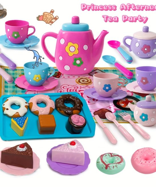 Tea Party Set for Little Girls, Pretend Teapot Set, Princess Tea Time Play Kitchen Toy with Teapot, Cup for Birthday Easter Gift Kids Toddler