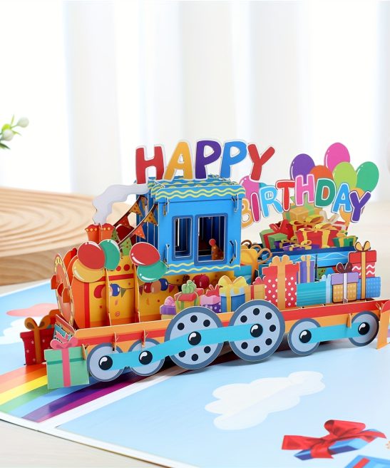 One Colorful Pop-Up Train Birthday Card Featuring Balloons And Gifts, Perfect for a Fun 3D Birthday Celebration. Ideal for Holiday Greetings with a Playful Design And Cartoon Illustrations